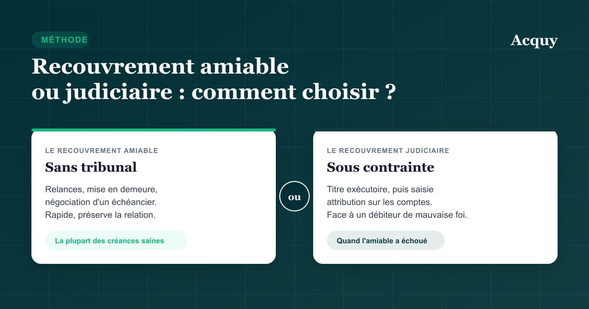 Recouvrement amiable contre judiciaire : relances et négociation sans tribunal d'un côté, titre exécutoire et saisie de l'autre